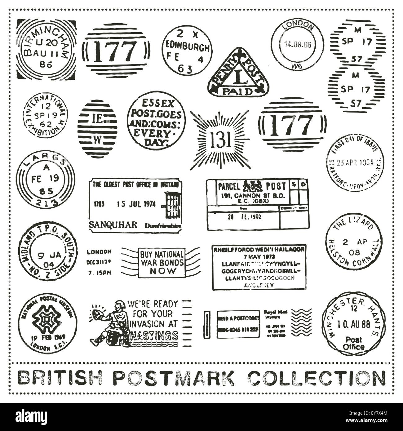 vector set of postage stamp cancellation marks of the United Kingdom Stock Vector