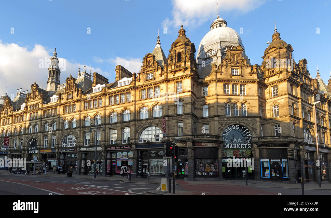 Leeds Kirkgate City Market building panorama, largest covered market in Europe,Vicar Lane Stock Photo