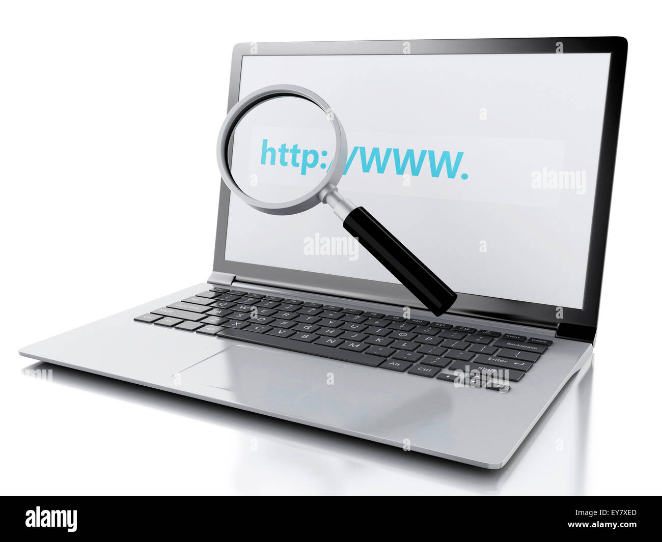 3d image. Web search with magnifying glass on laptop pc. Internet ...