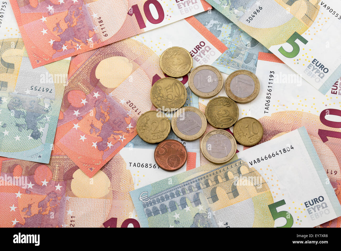 5 and 10 Euro Notes and coins Stock Photo