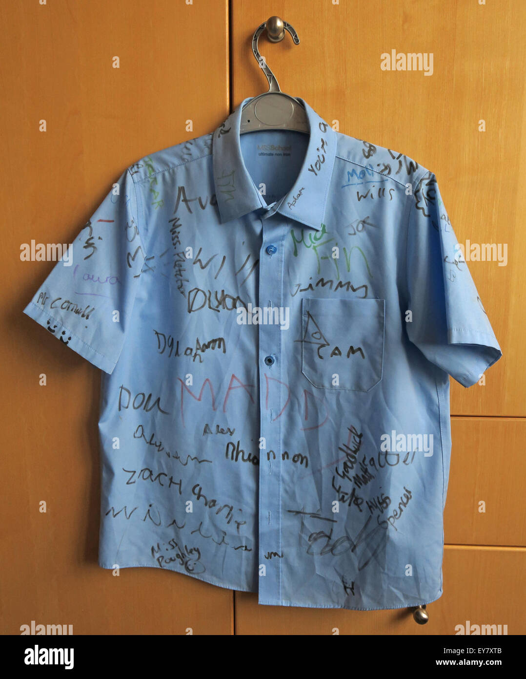 School Leavers Shirt with signatures of classmates Stock Photo