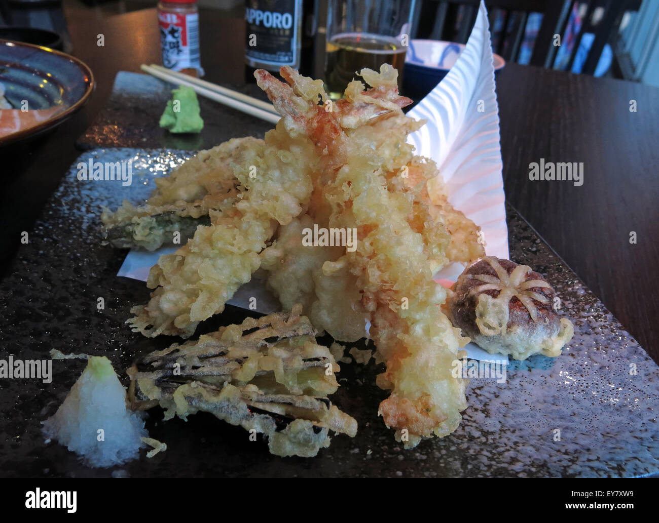 Meal in a Japanese Restaurant, Leeds, England, UK- Sashimi Tempora Miso Soup Stock Photo