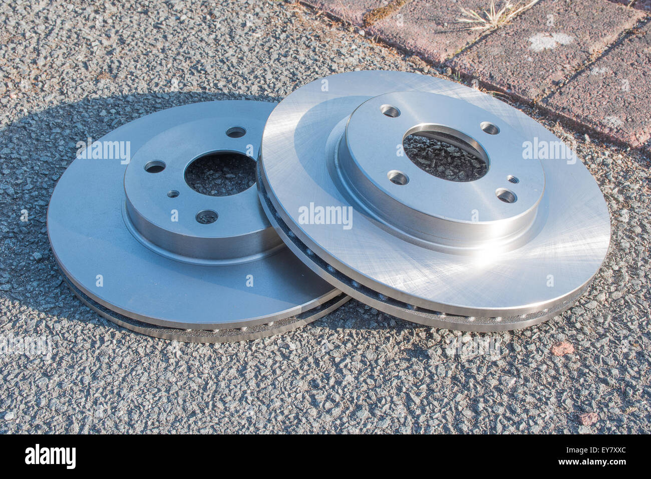 Pair of new car Brake Disks ready to be fitted Stock Photo