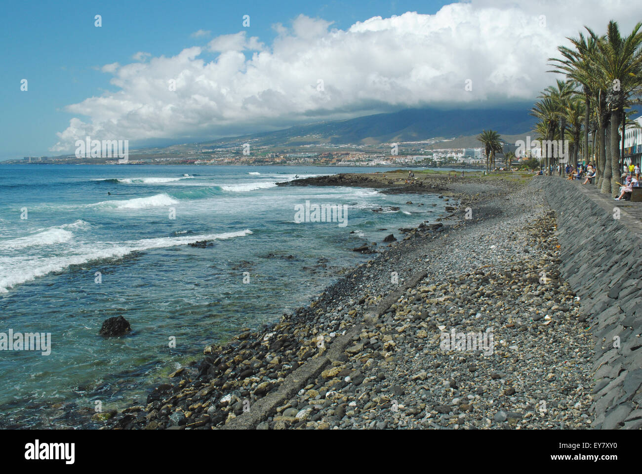 Stormy clouds over the mountains viewed from Los Cristianos, Tenerife, Spain Stock Photo