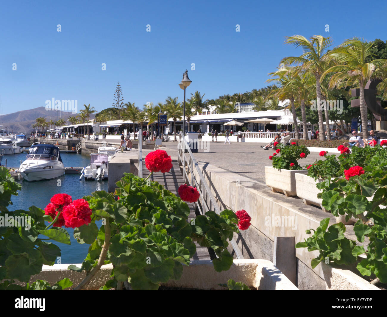 Restaurants and bars at Puerto Calero Marina resort Lanzarote Canary Islands Spain Stock Photo