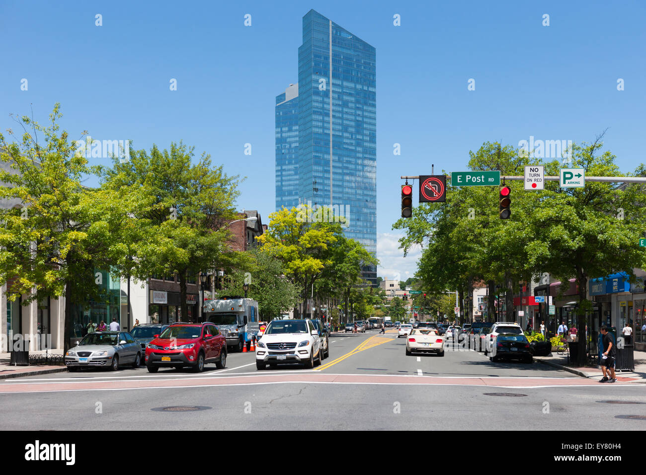 A view down Mamaroneck Avenue toward the Residences at the Ritz-Carlton, Westchester, in White Plains, New York. Stock Photo