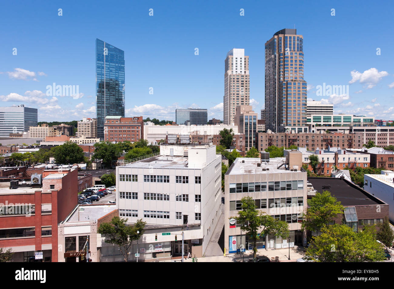 An elevated view of modern residential towers in the skyline of White Plains, New York. Stock Photo
