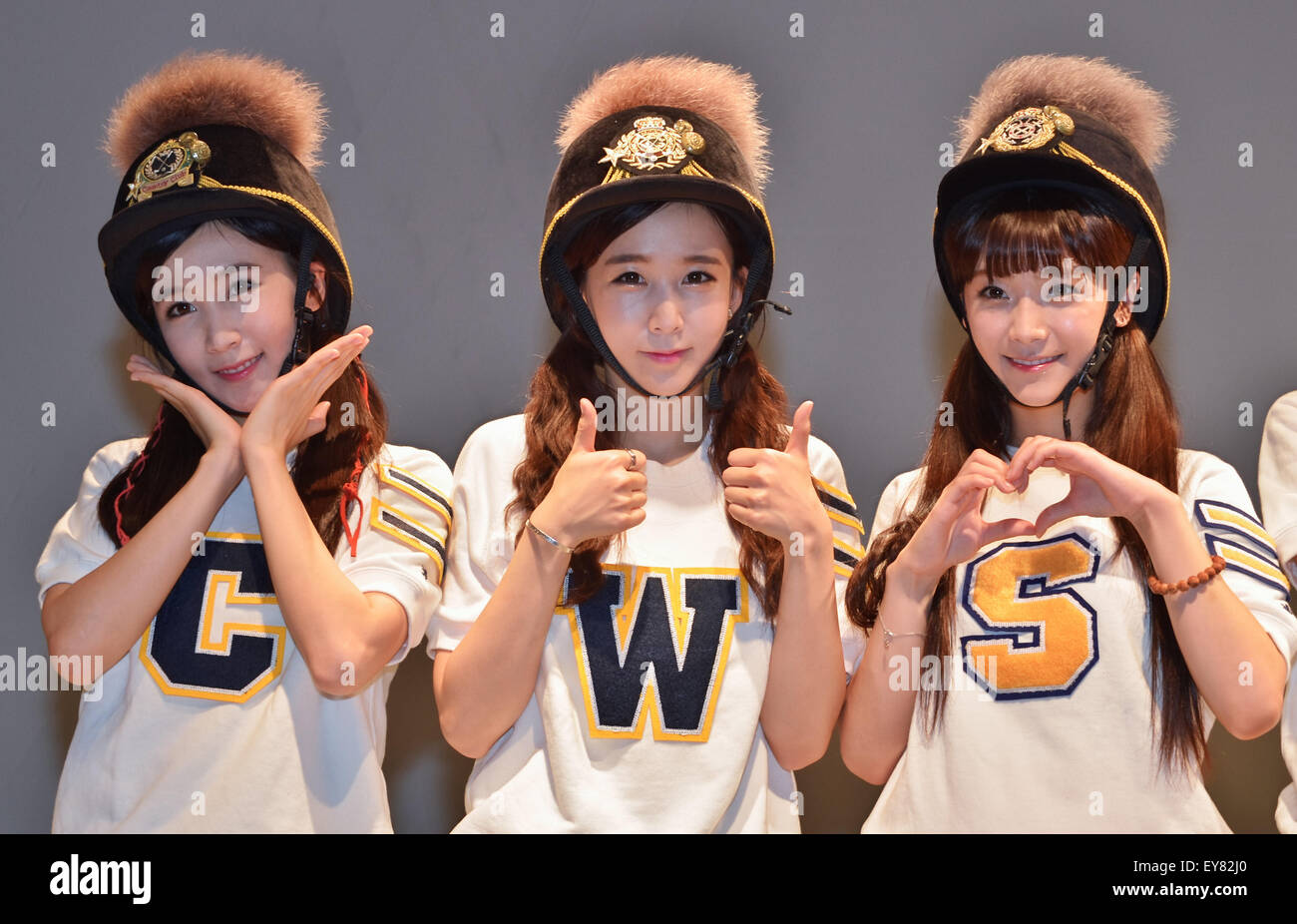 Cho-A, Way and So-Yul(CRAYON POP), July 22, 2015 : (L-R) Choa, Way and  Soyul of Crayon Pop pose for camera during the promotion event for their  new single "ra ri ru re"