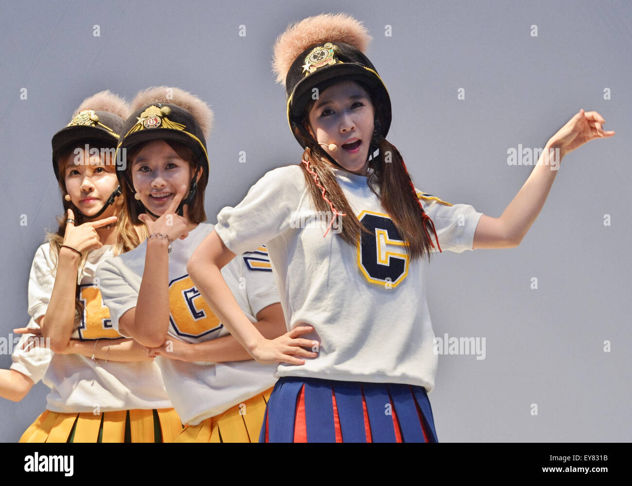 CRAYON POP, July 22, 2015 : Ellin, Gum-Mi, Cho-A, Korean girl group Crayon  Pop perform during the promotion event for their new single "ra ri ru re"  at Lazona Kawasaki Plaza in