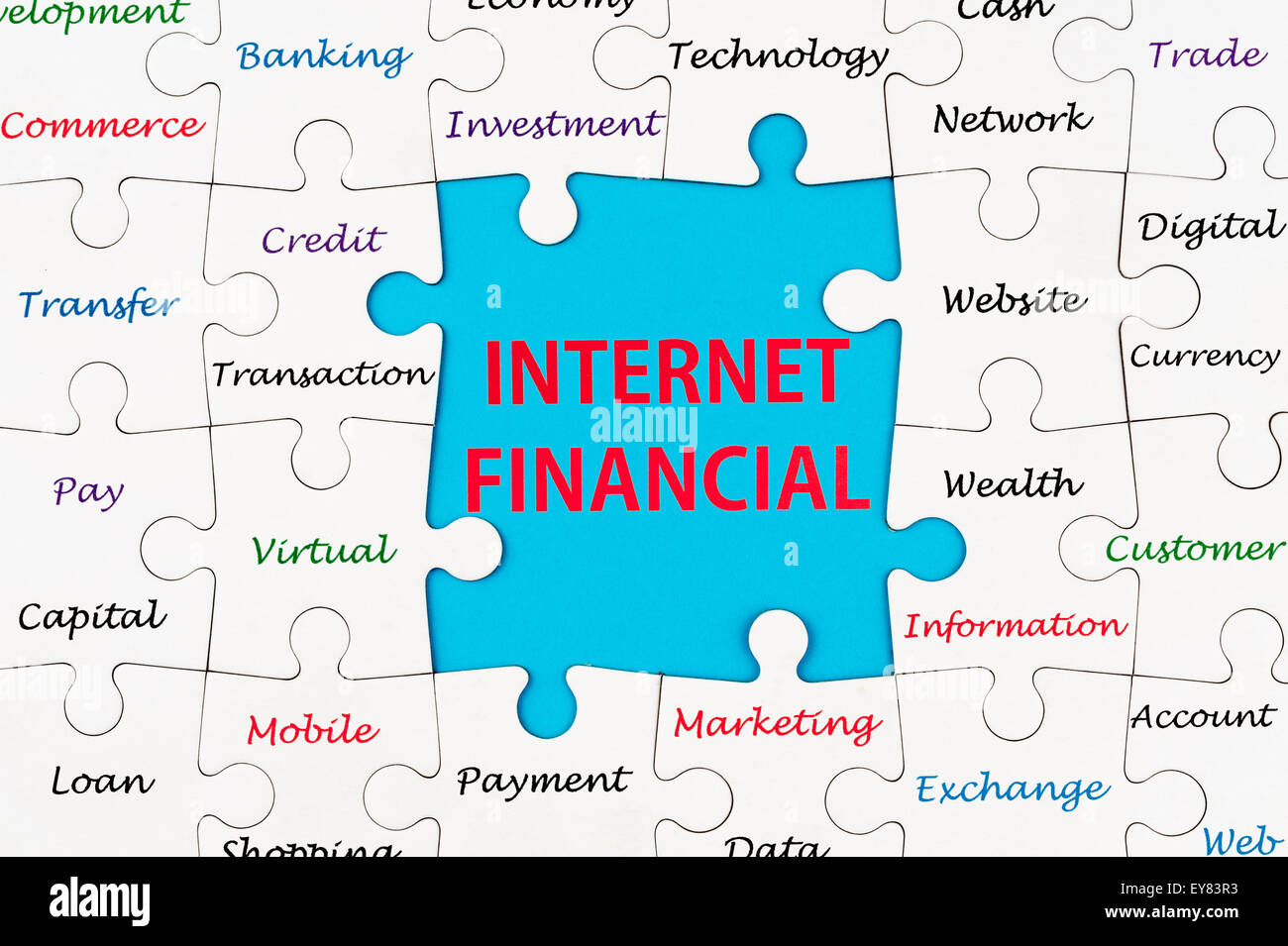 Internet Financial concept words on group of jigsaw puzzle pieces Stock Photo