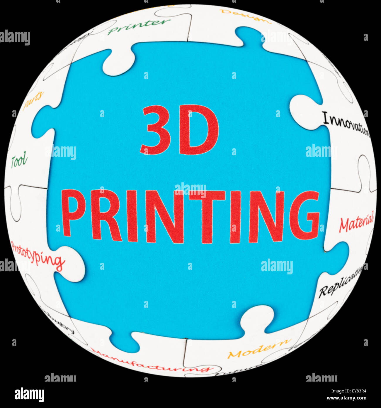Concept words of 3D printing word cloud on puzzle sphere Stock Photo