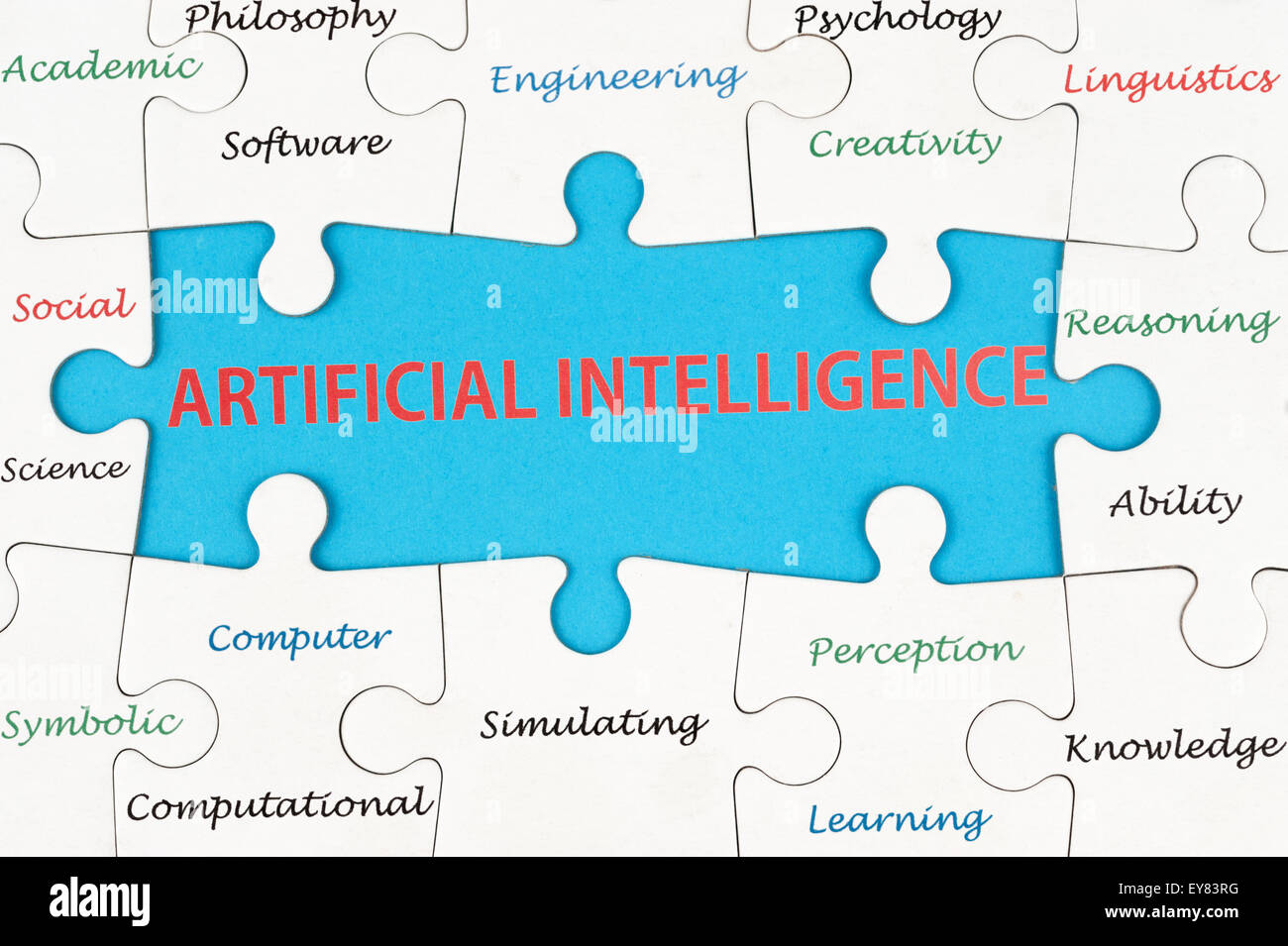 Artificial intelligence concept word cloud on group of jigsaw puzzle pieces Stock Photo