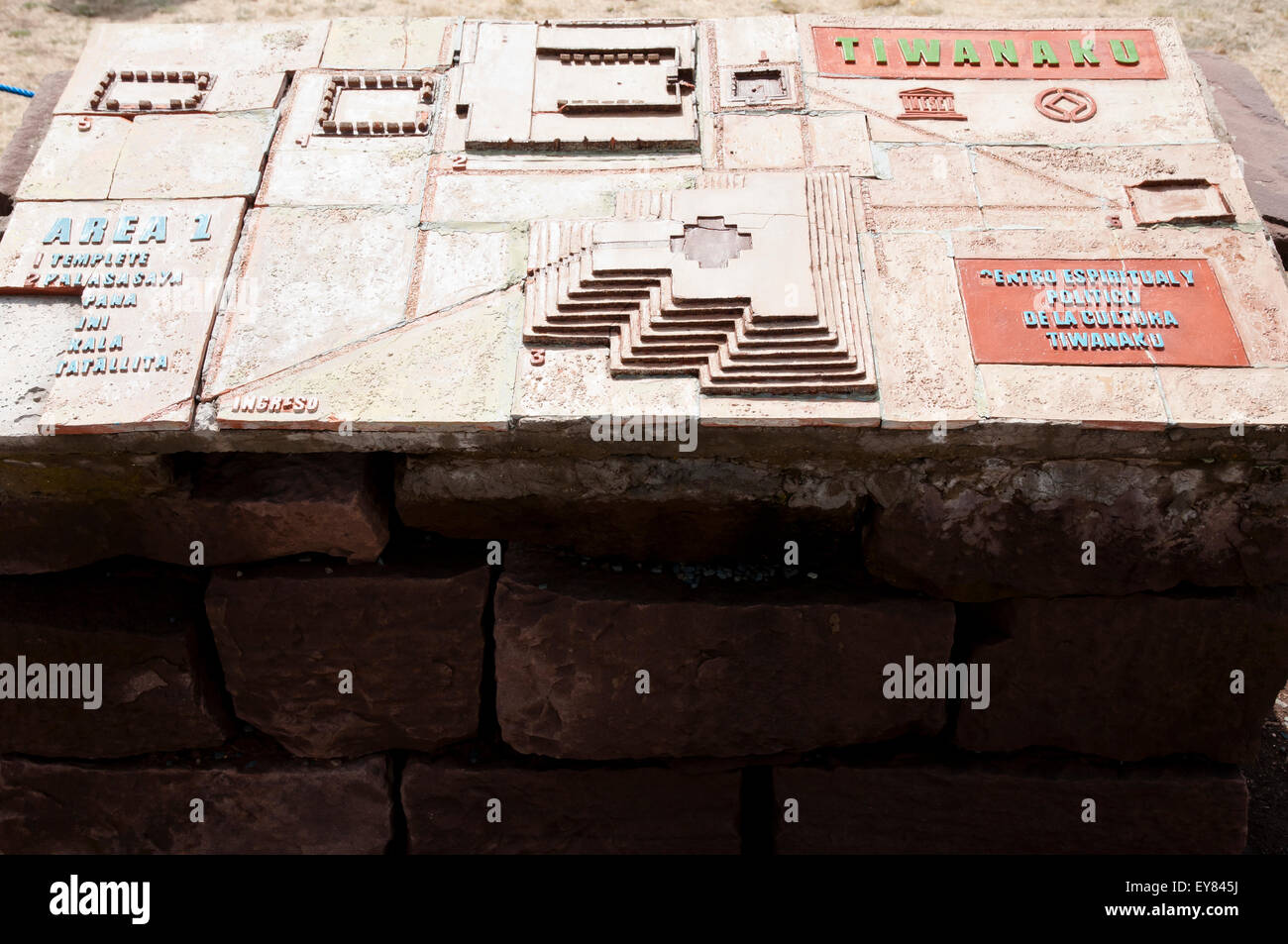 Outside Plan Map of Tiwanaku Ruins (translated: Spiritual & Political Center) - Bolivia Stock Photo