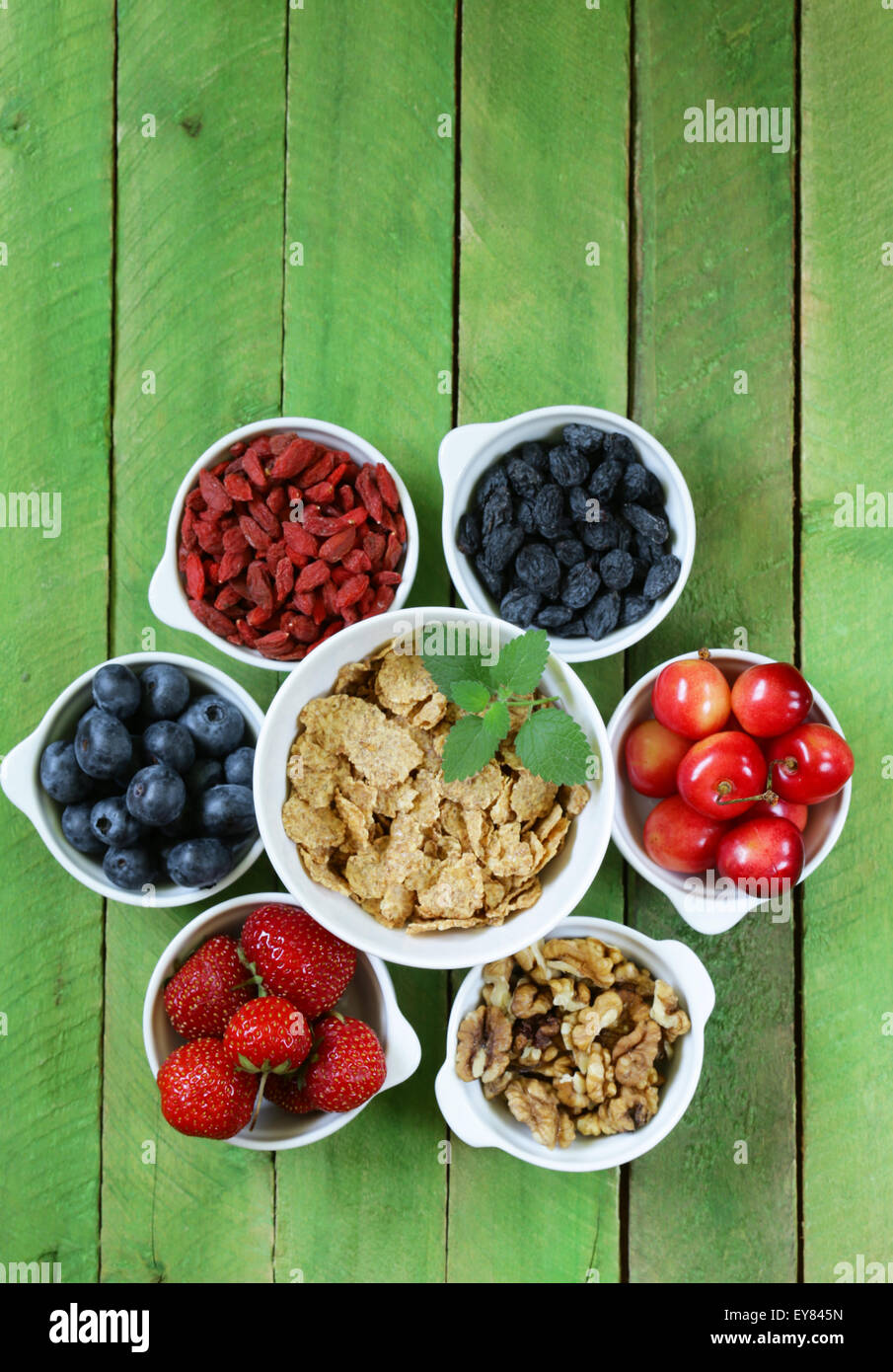 set of ingredients for a healthy food breakfast muesli, fresh and