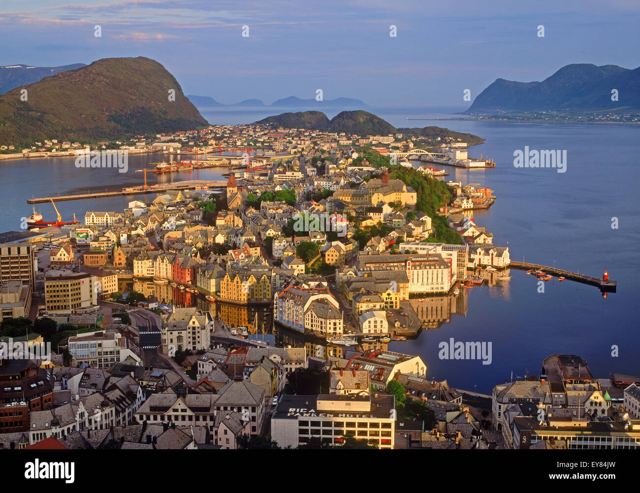 Village of Ålesund at sunrise on Norwegian coast Stock Photo