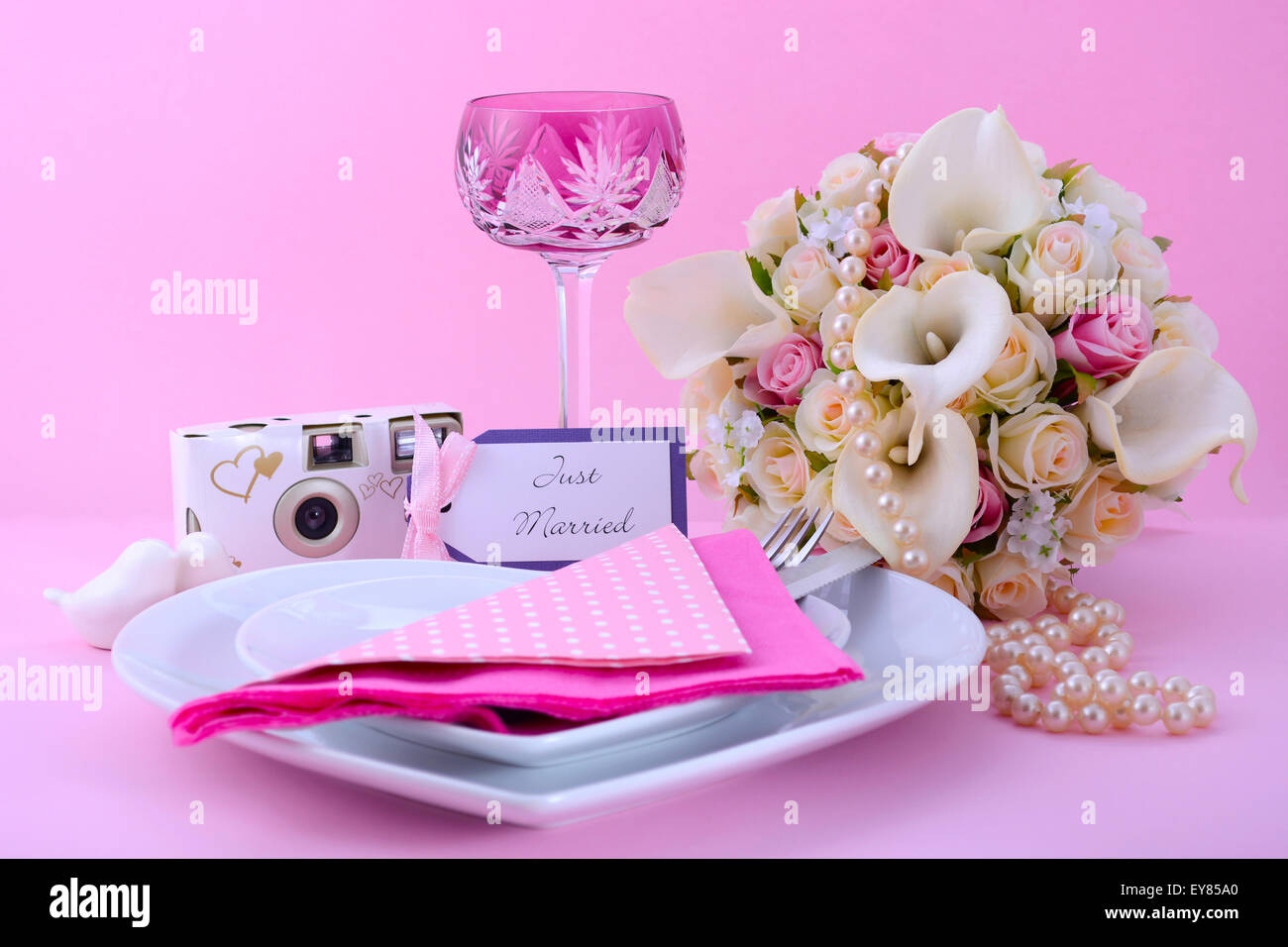 Pink Theme Wedding Table Place Setting with Disposable Camera, Bouquet