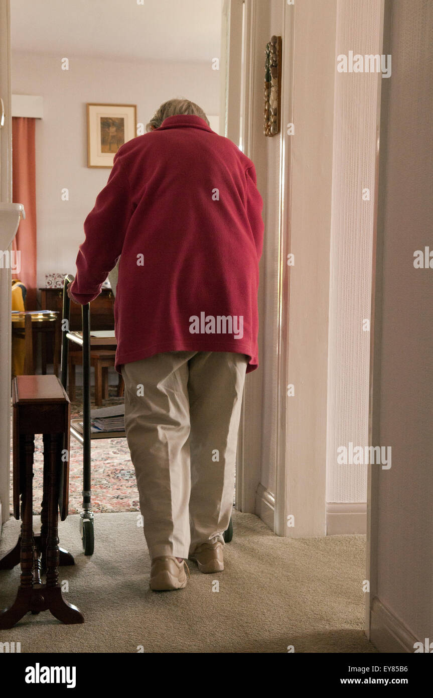 Rear view of elderly woman with walking aid Stock Photo - Alamy