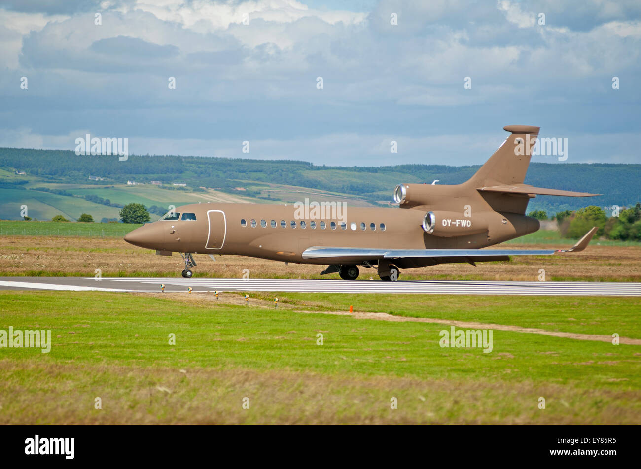 Dassault Falcon 7X (OY-FWO) Arriving at Inverness Airport Highland Scotland.  SCO 10,003. Stock Photo