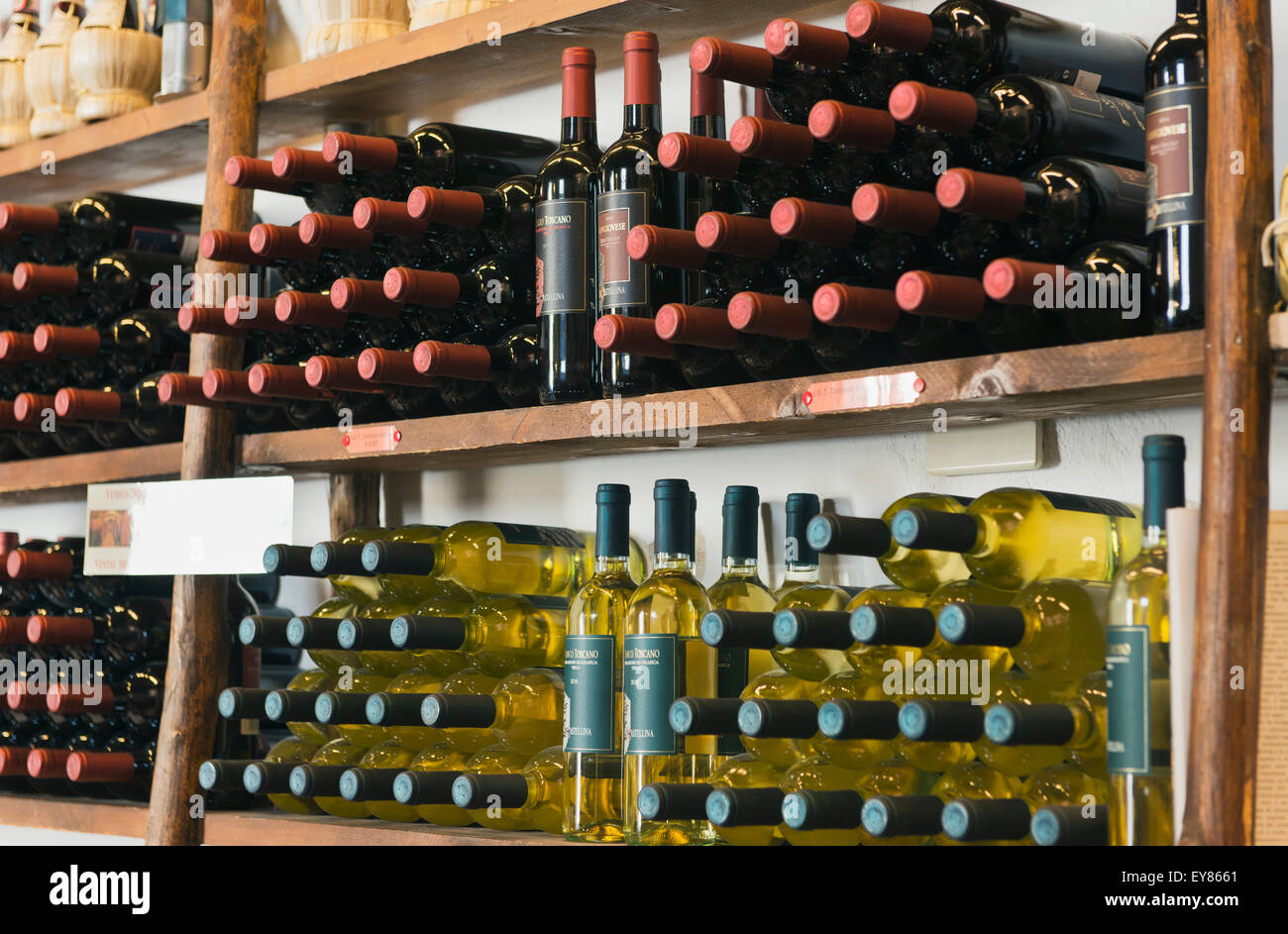 Wine bottles in a wine shop, Castellina in Chianti, Tuscany, Italy Stock Photo