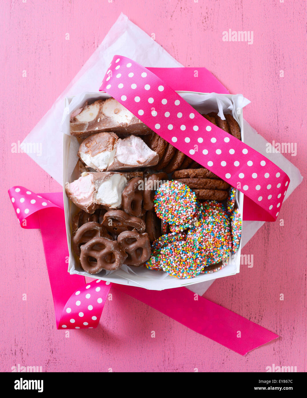 Chocolate candy and cookies gift box, with chocolate covered