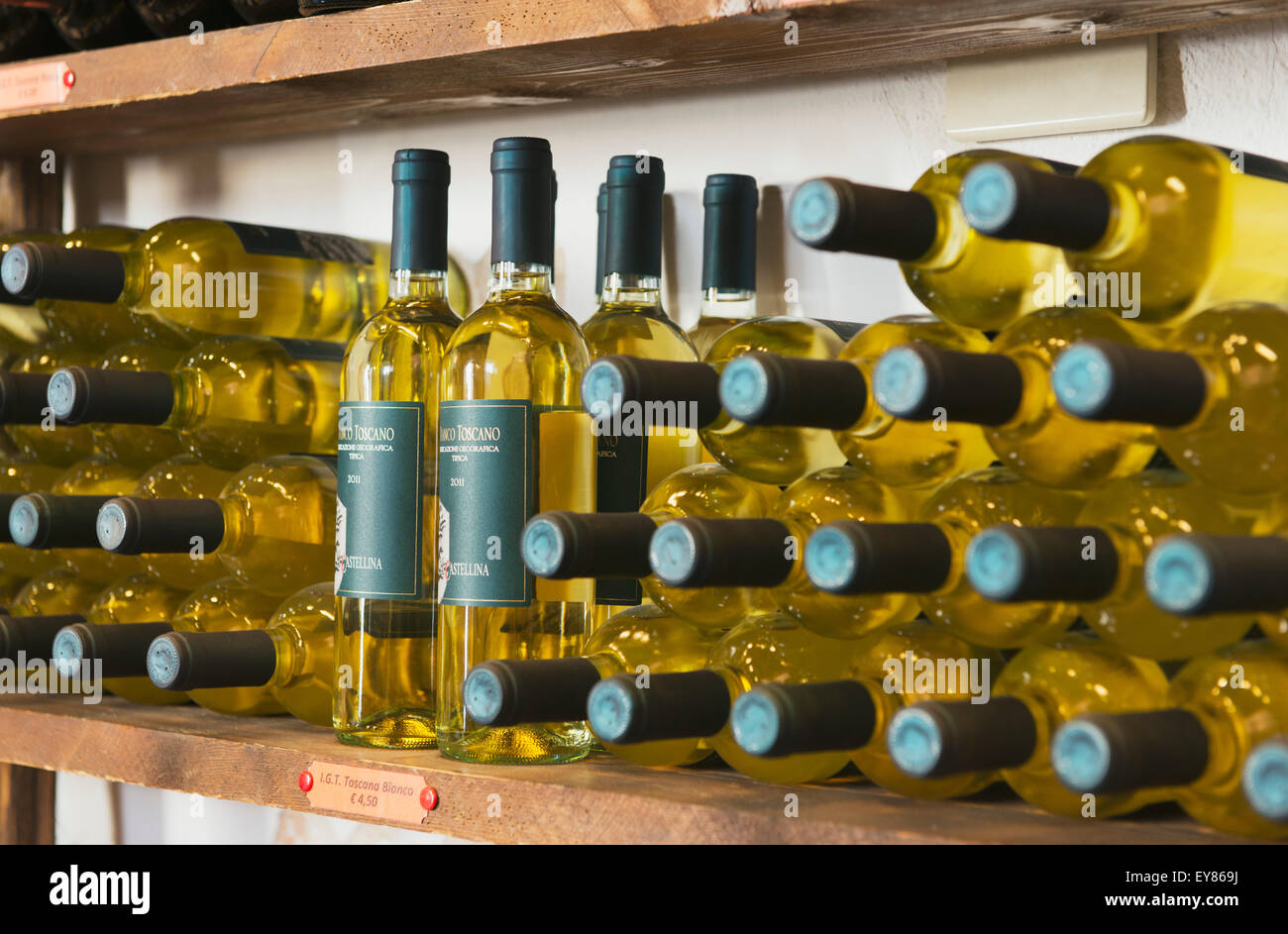 Wine bottles in a wine shop, Castellina in Chianti, Tuscany, Italy Stock Photo