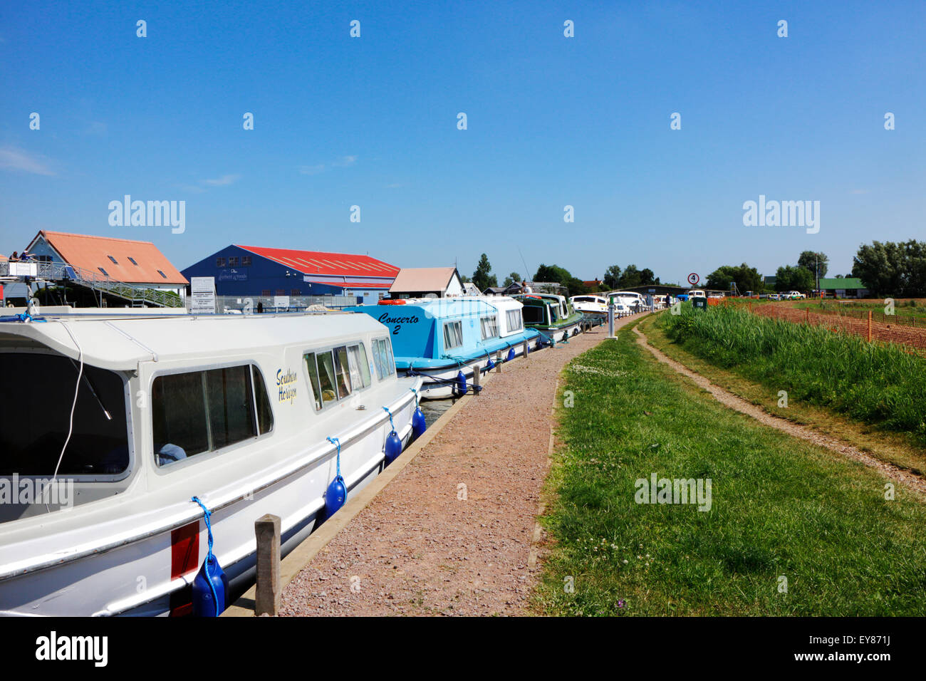 A line of moored boats on the River Thurne on the Norfolk Broads at Repps, near Potter Heigham