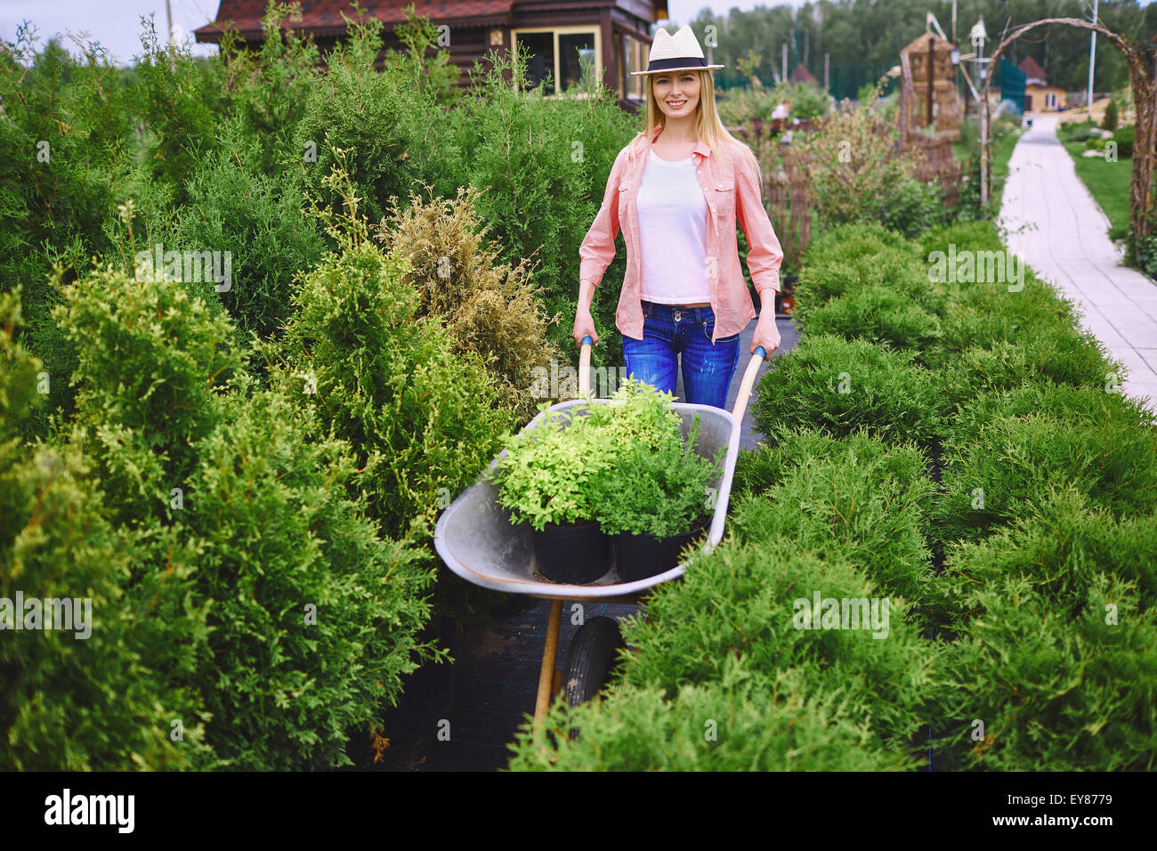 Happy young woman with wheelbarrow carting seedlings Stock Photo - Alamy