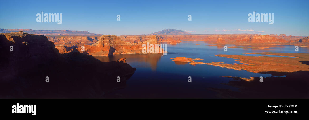 Panoramic shot of Gunsight Butte on the Utah side of Lake Powell in Glen Canyon National Recreation Area at sunset Stock Photo