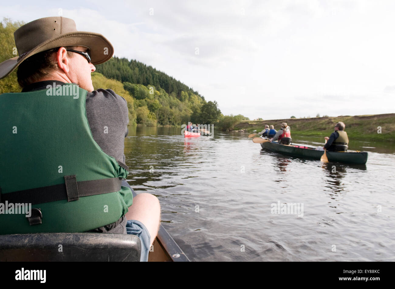 Rear view of man canoeing wearing life jacket Stock Photo Alamy
