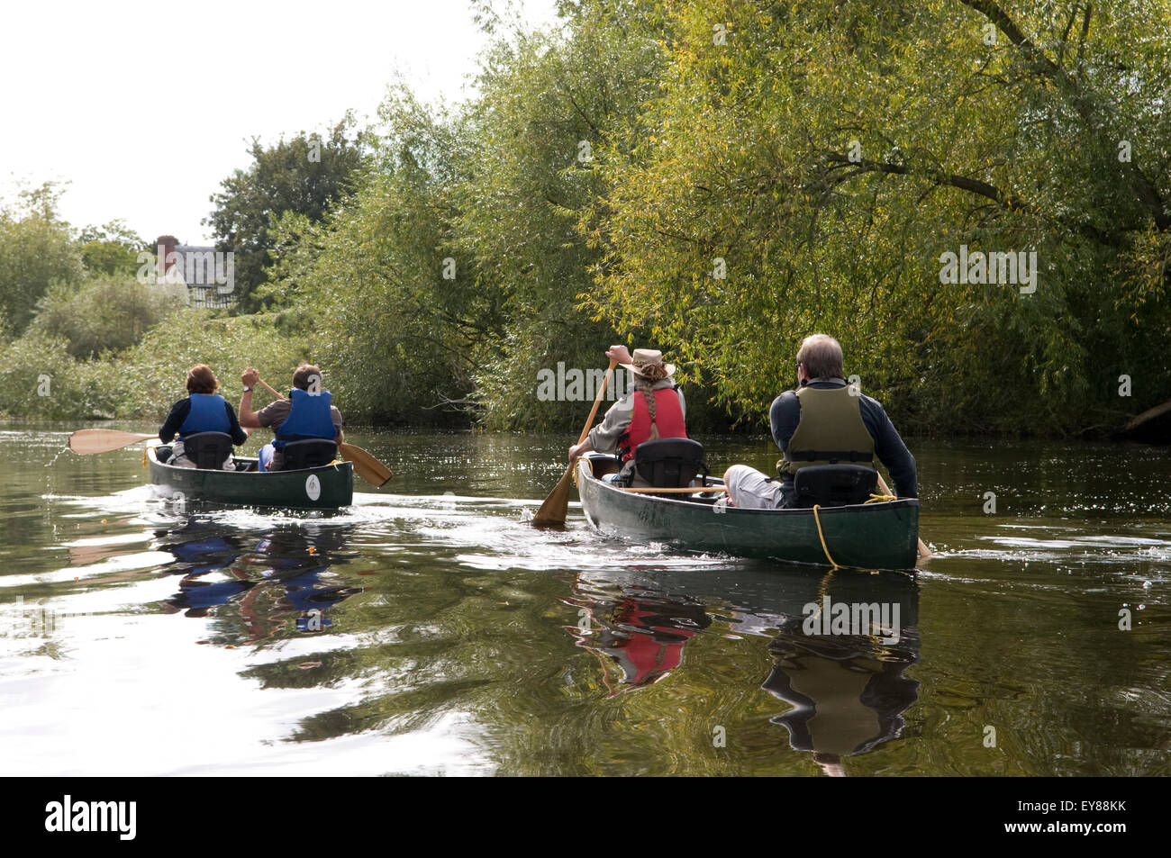 Rear view of people canoeing, wearing life jackets Stock Photo Alamy