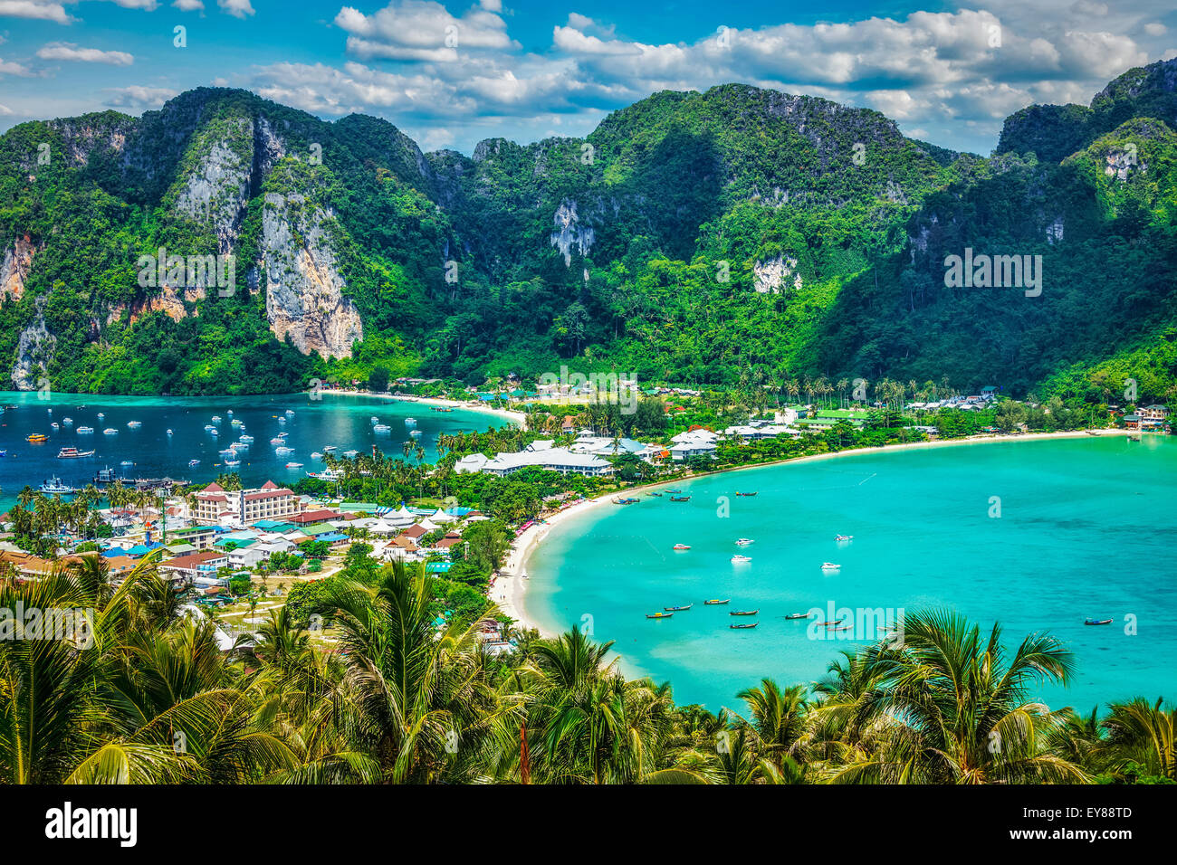Travel vacation background - Tropical island with resorts - Phi-Phi island, Krabi Province, Thailand Stock Photo