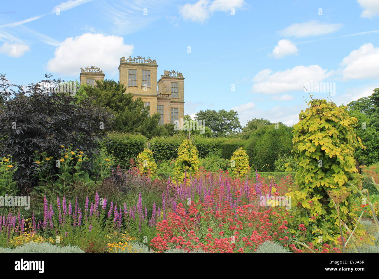 Hardwick Hall, south elevation, Derbyshire, England, UK: an Elizabethan manor house and garden Stock Photo