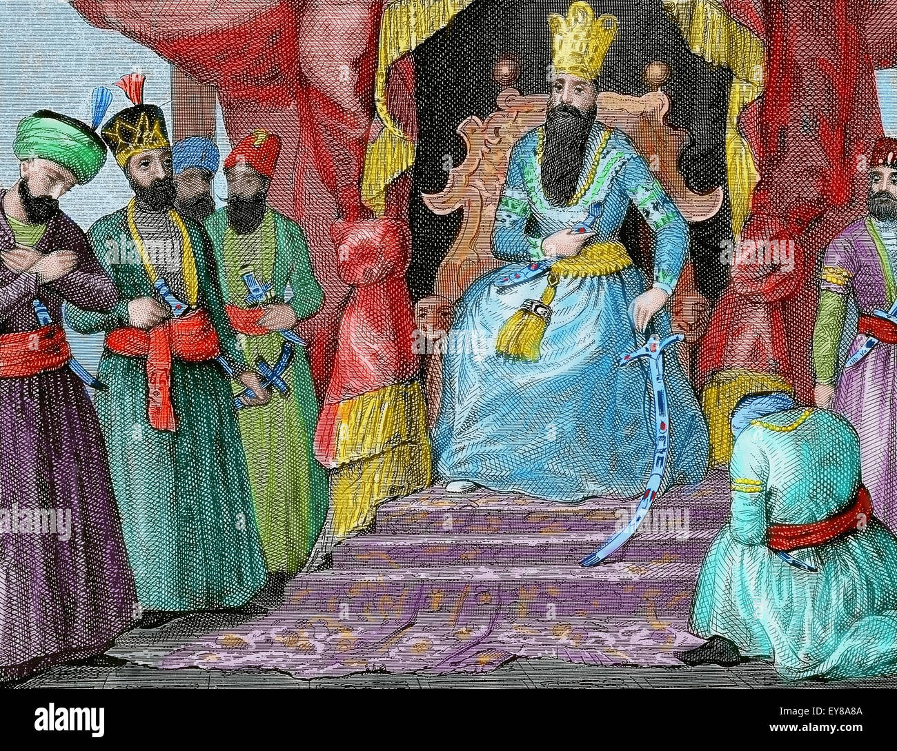 Ottoman Empire. Turkey. Sultan received in the courtroom of the Topkapi Palace counselors. Istanbul. Recorded. Engraving 19th century. Colored. Stock Photo