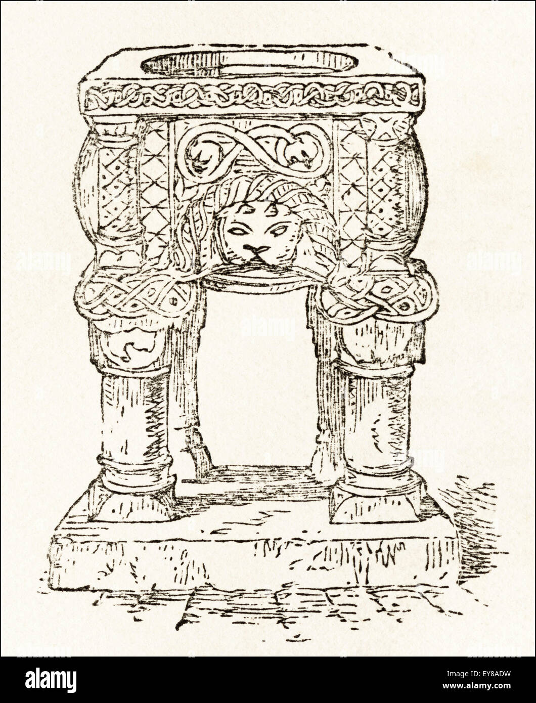 Carved stone font in Sharnbourn Church Norfolk. Victorian woodcut engraving circa 1845. Stock Photo