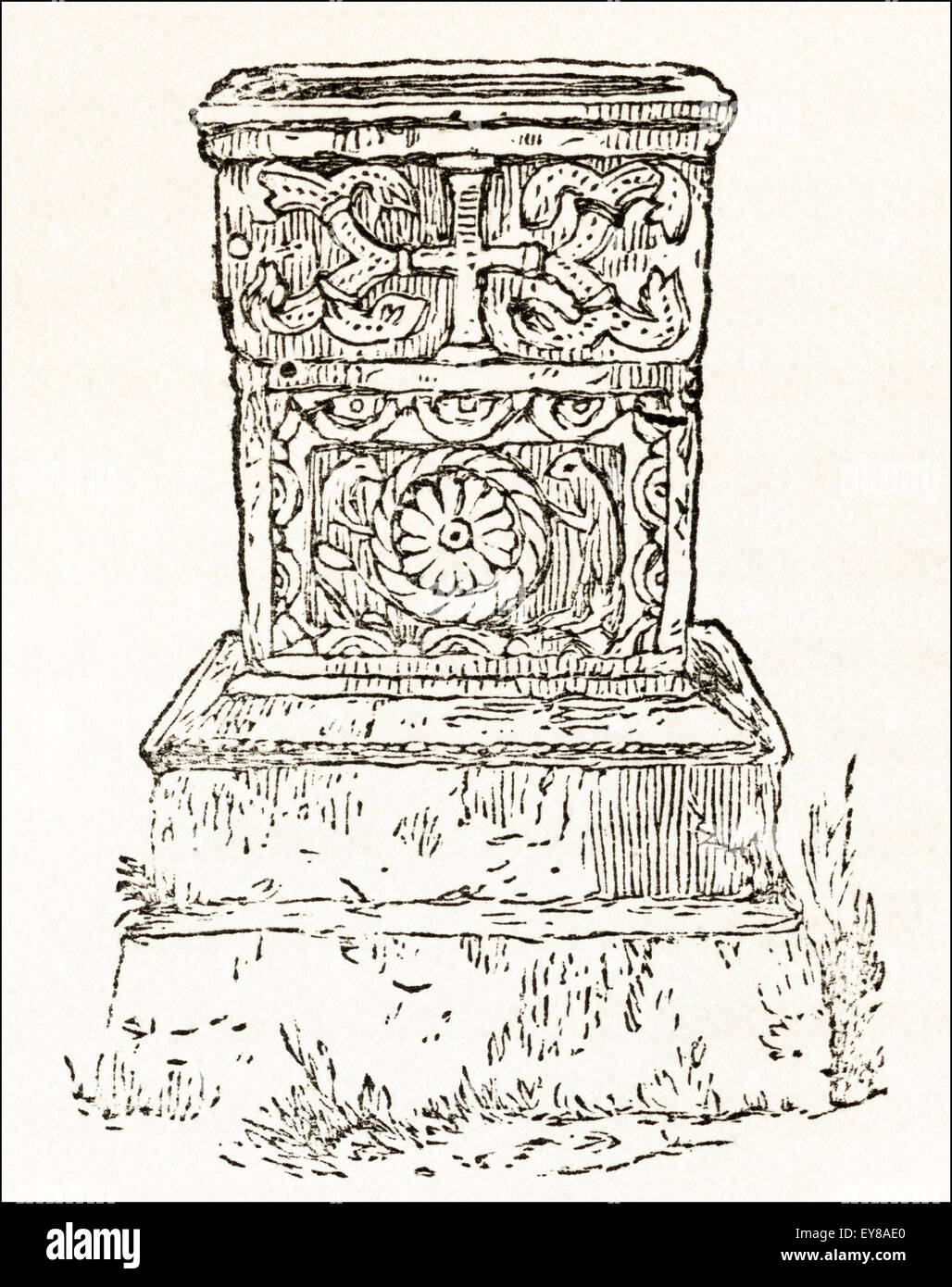 West side of carved stone 12th century font in St Bridget's Church Bridekirk Cumbria. Victorian woodcut engraving circa 1845. Stock Photo