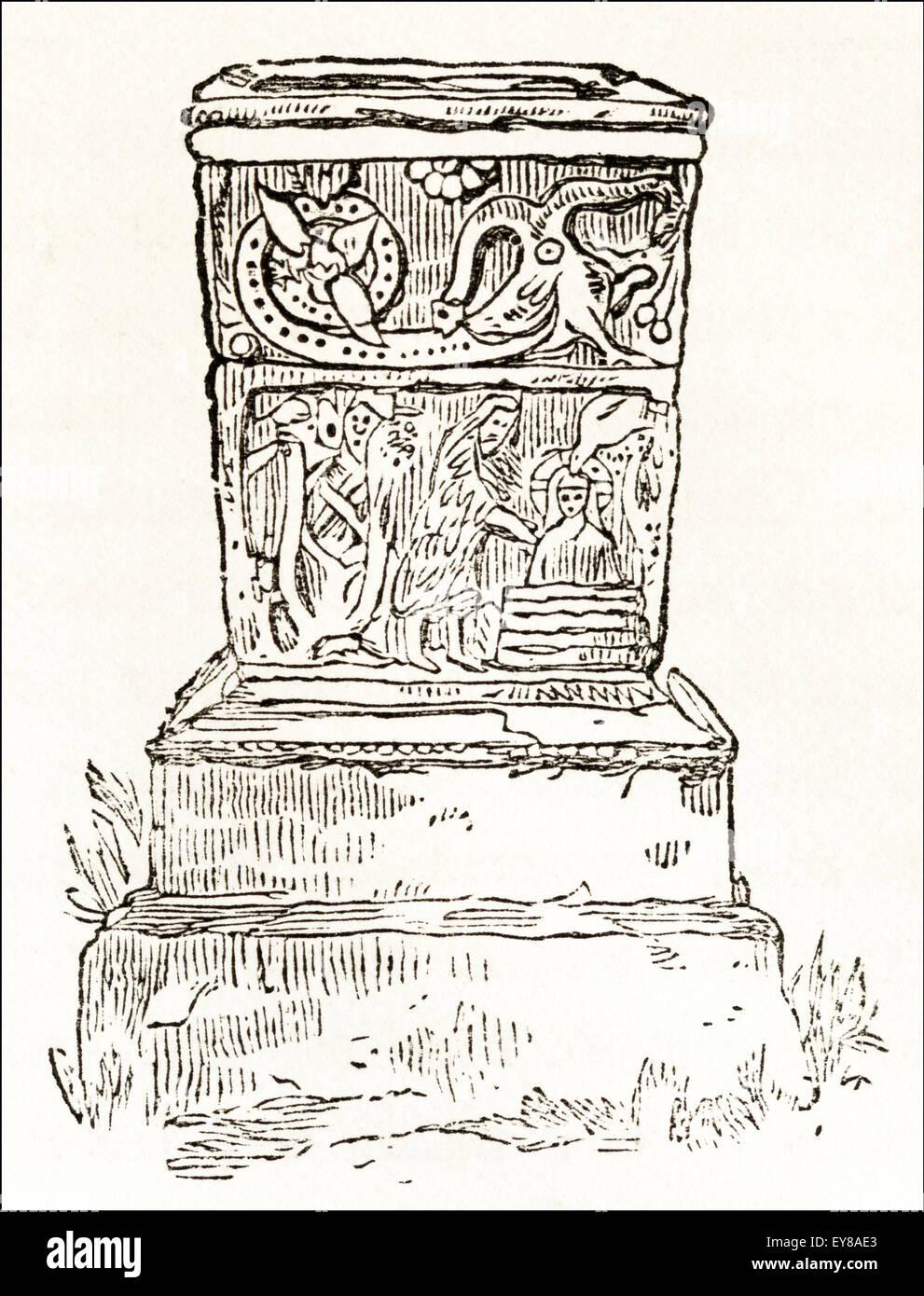 East side of carved stone 12th century font in St Bridget's Church Bridekirk Cumbria. Victorian woodcut engraving circa 1845. Stock Photo