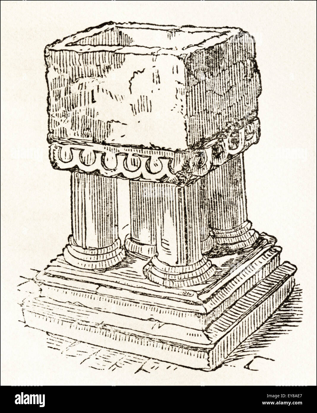 Carved stone 12th century font in St Mary's Church Berkeley Gloucestershire. Victorian woodcut engraving circa 1845. Stock Photo