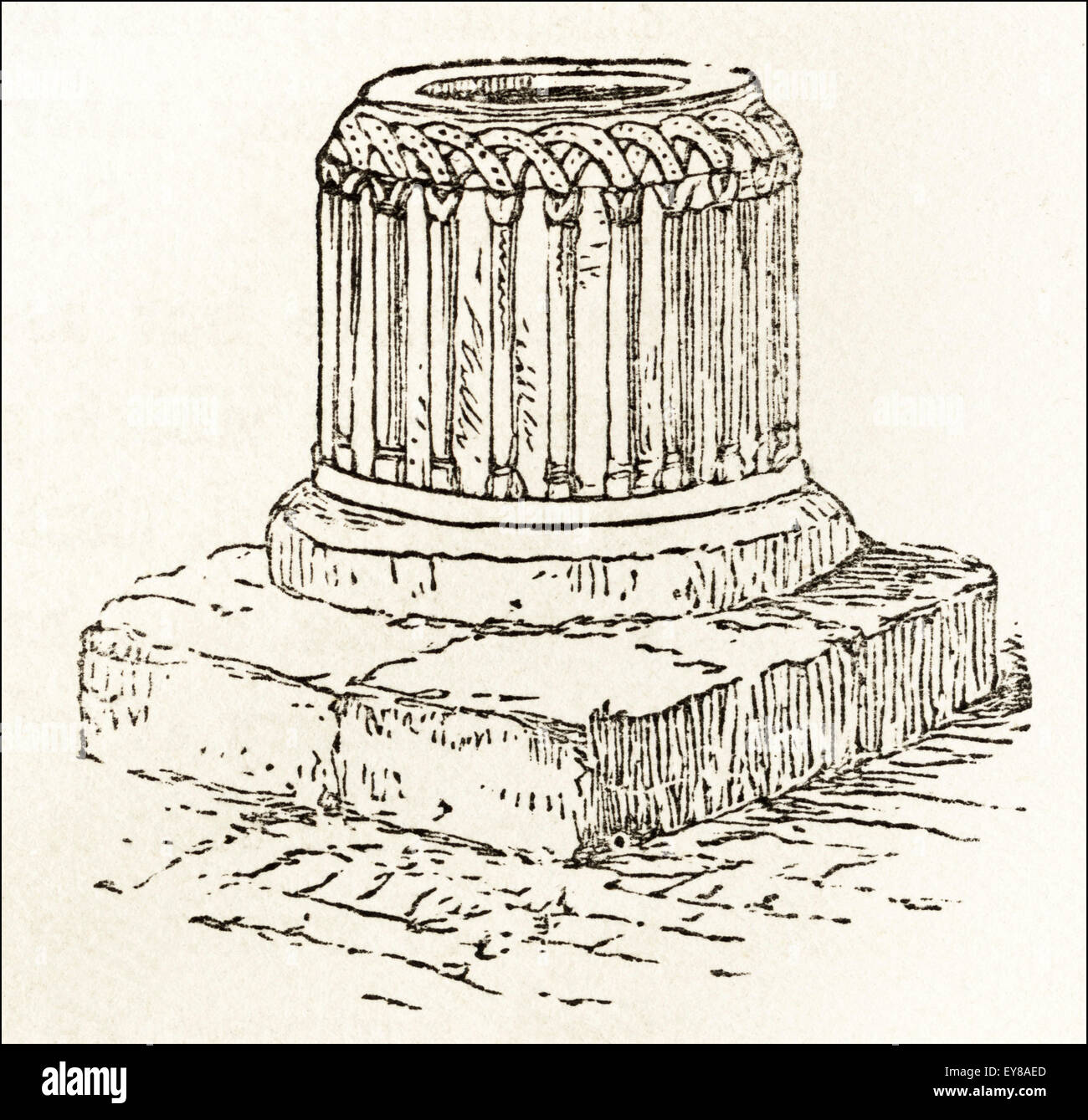 Carved stone 12th century font in church at Neswick. Victorian woodcut engraving circa 1845. Stock Photo