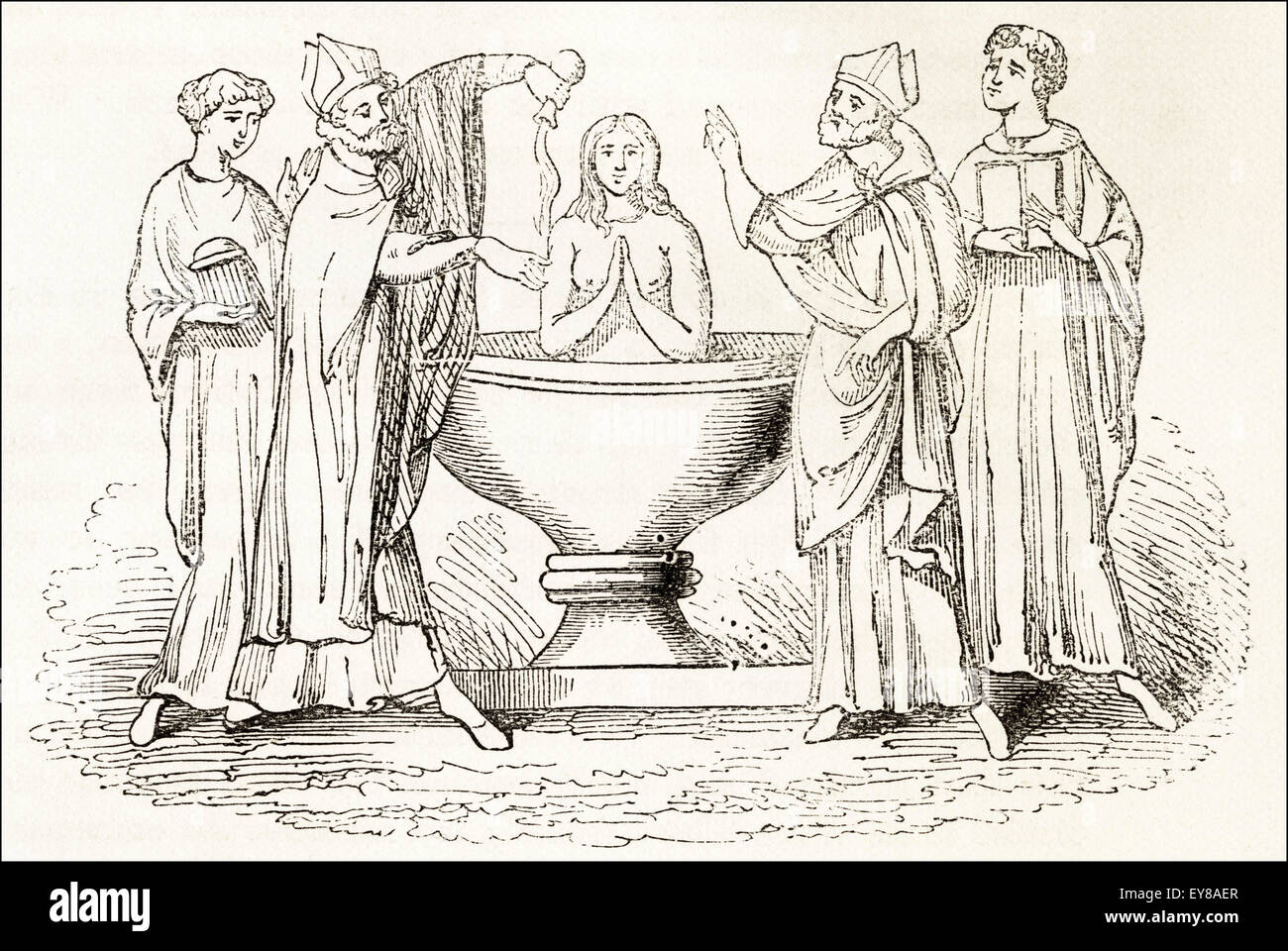 Baptism of Matilda mother of Thomas Becket. Victorian woodcut engraving circa 1845. Stock Photo
