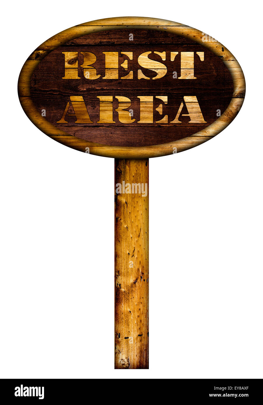 Wooden rest area sign over a white background. Stock Photo