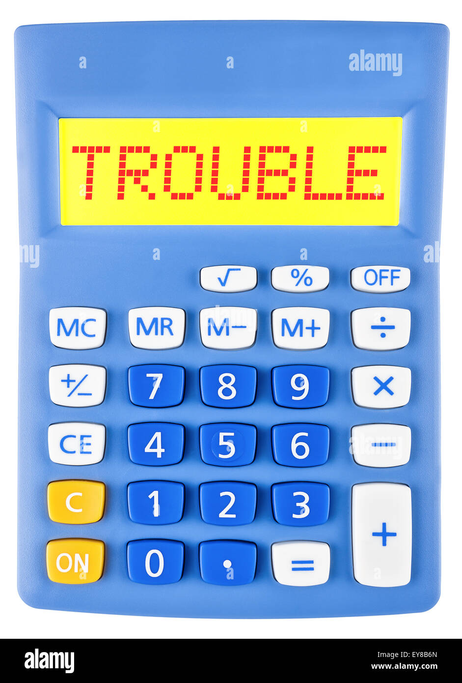 Calculator with TROUBLE on display on white background Stock Photo