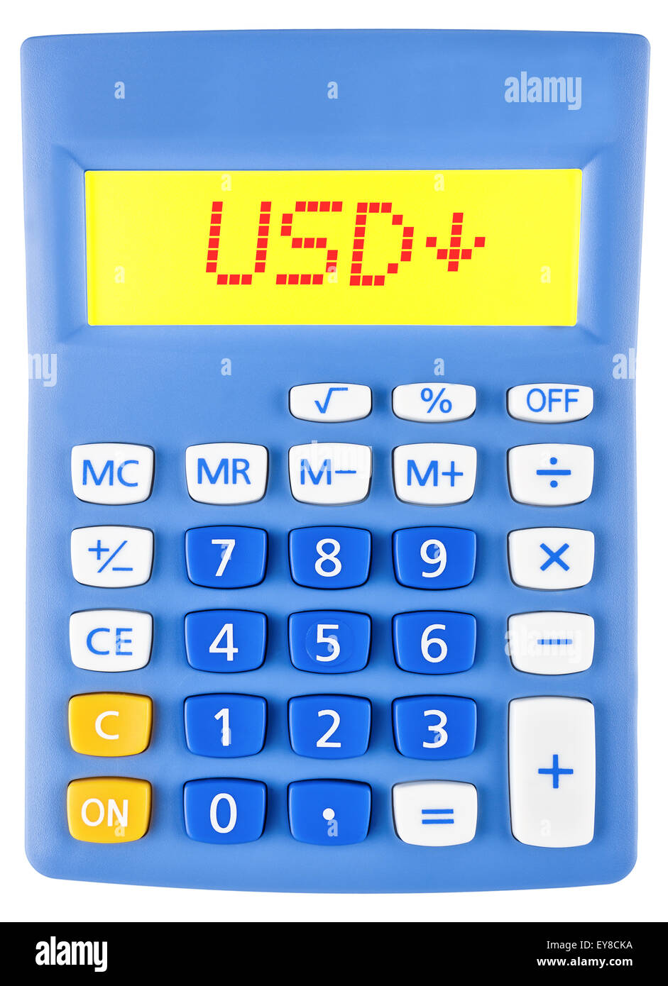 Calculator with USD on display on white background Stock Photo