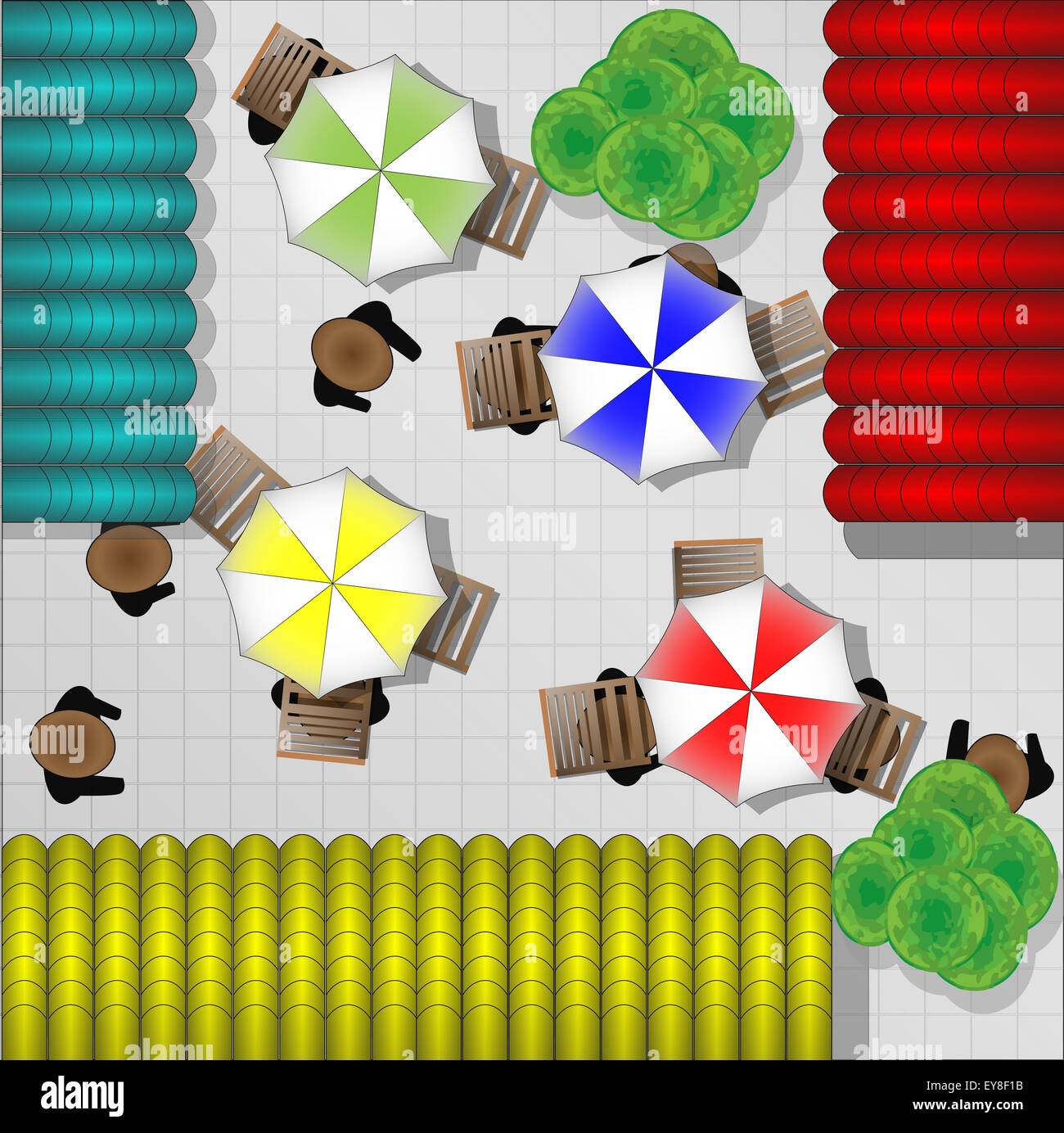 Illustration of restaurants with chairs and parasols from above Stock Photo