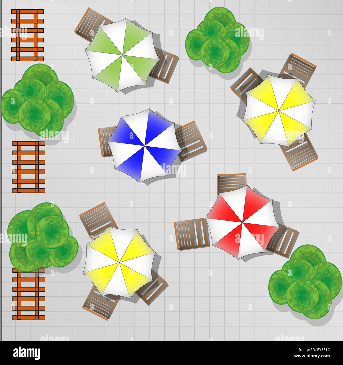 Illustration of square with chairs and parasols from above Stock Photo
