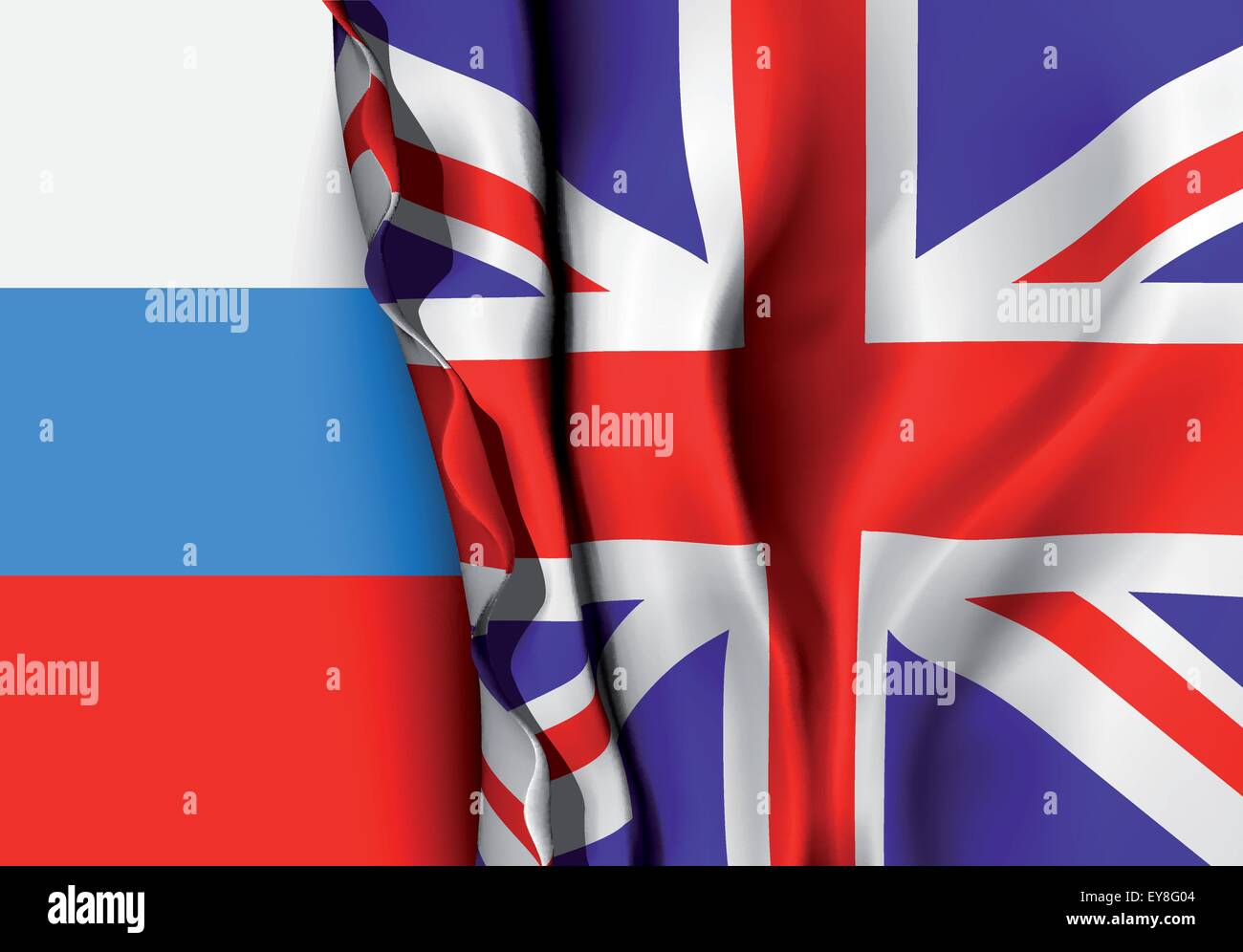 Flag of United Kingdom over the Russia flag. Stock Vector