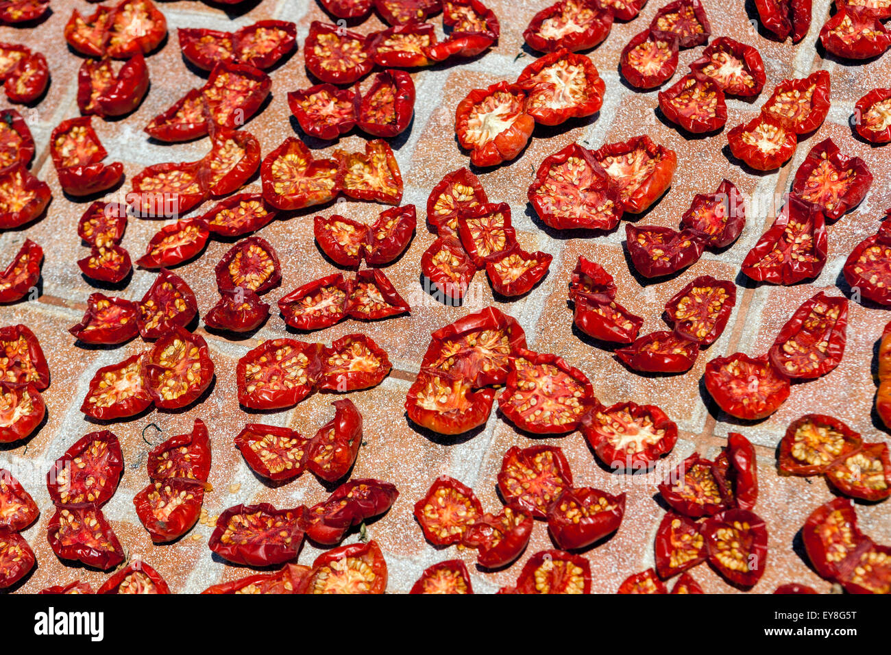 Dried tomatoes on the sun in Greek village Oia, Santorini Greece food dry tomatoes Stock Photo