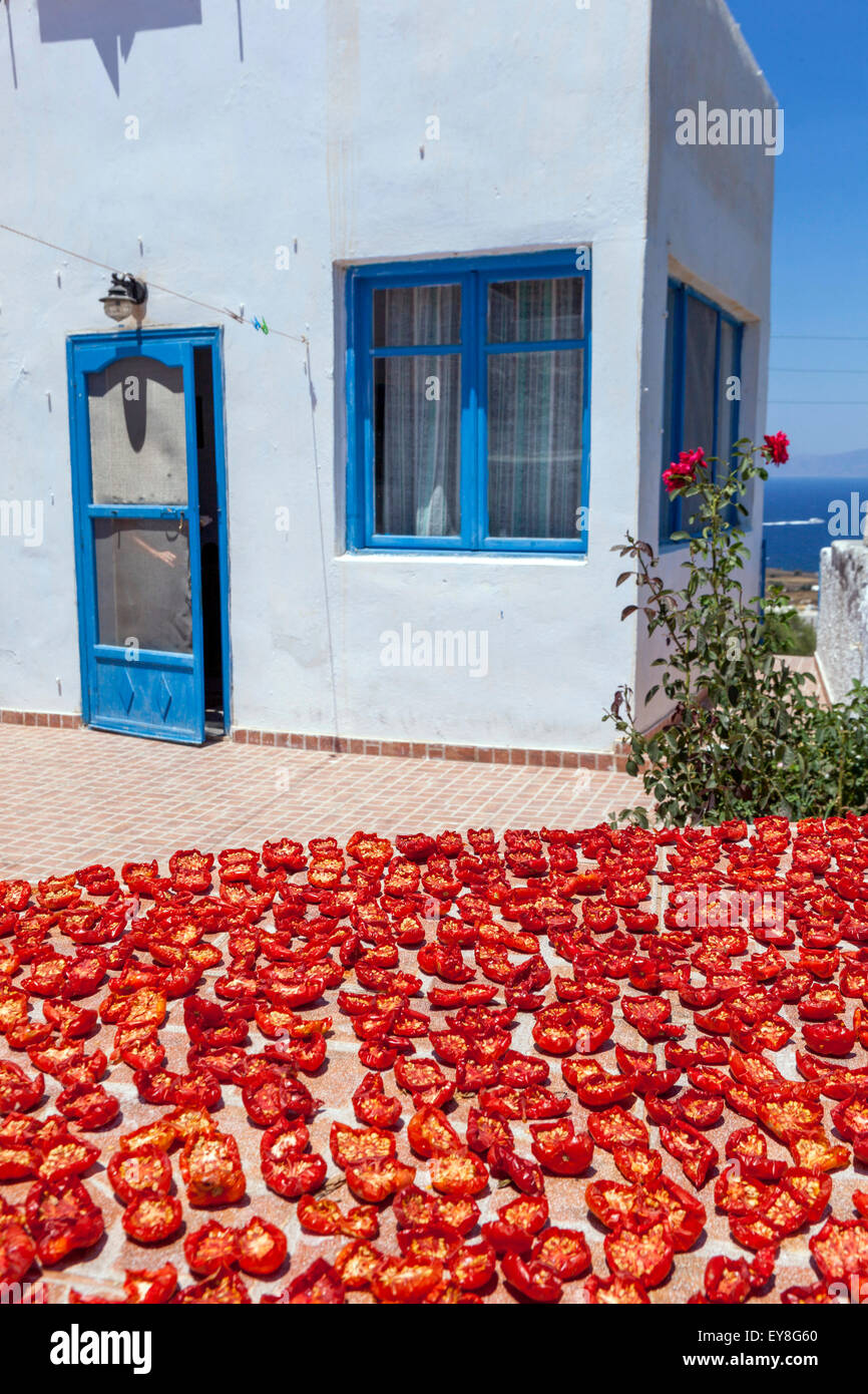 Sun-Dried Tomatoes in Greek village Oia, Santorini tomato Greece produce at white house Stock Photo