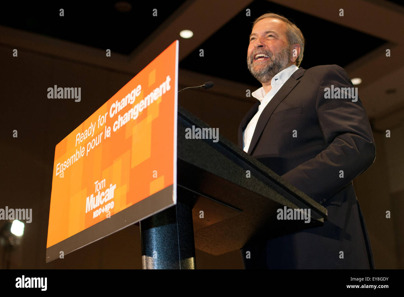 London, Ontario, Canada. 23rd July, 2015. Thomas Mulcair, leader of the opposition and the New Democratic Part of Canada delivers a pre-election speech at a rally held in London, Canada. At the time the speech was given, his party held a slight lead over the governing Conservative Party of Canada lead by current Prime Minister Stephen Harper. Credit:  Mark Spowart/Alamy Live News Stock Photo