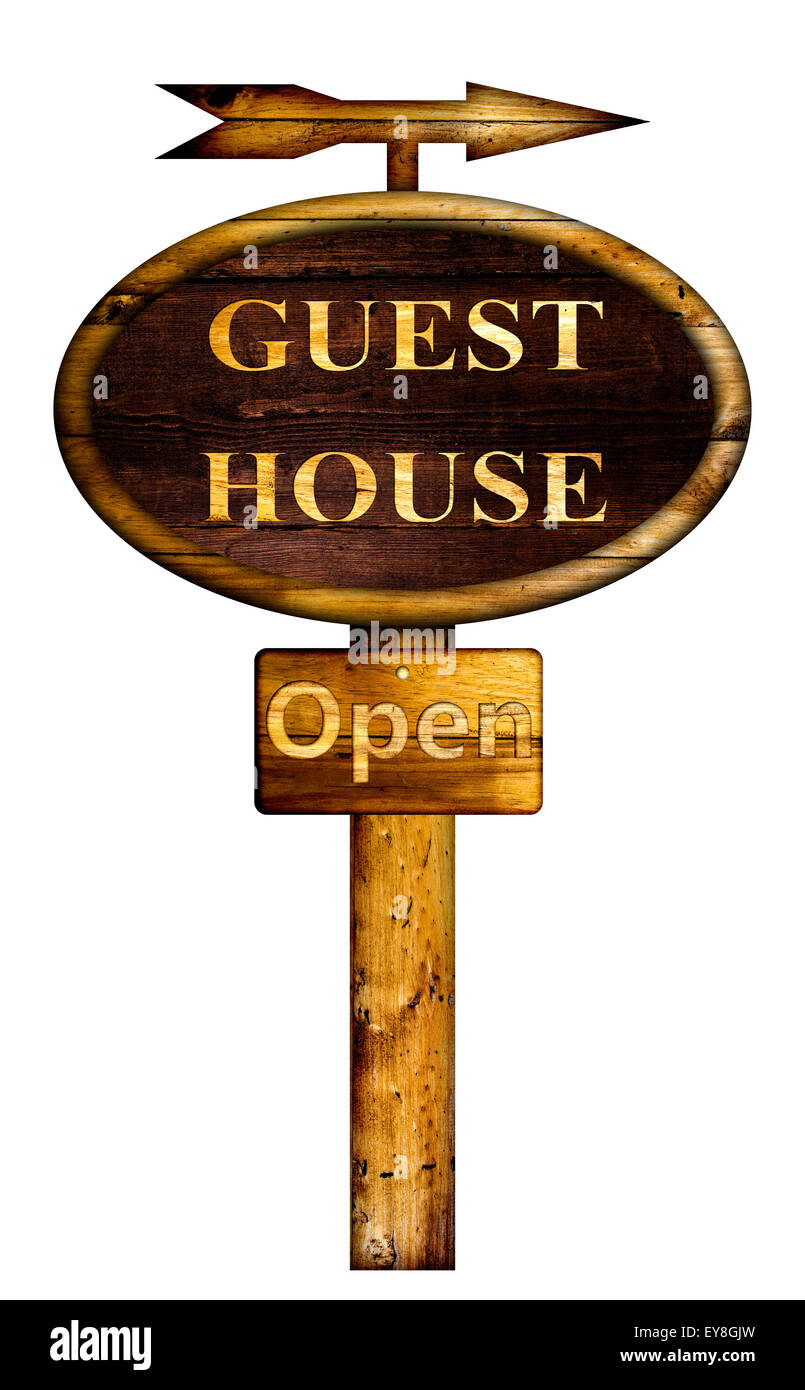 Wooden Guest house sign over a white background. Stock Photo