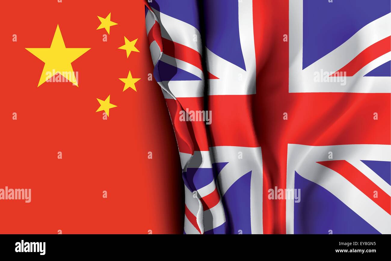 Flag of United Kingdom over the China flag. Stock Vector